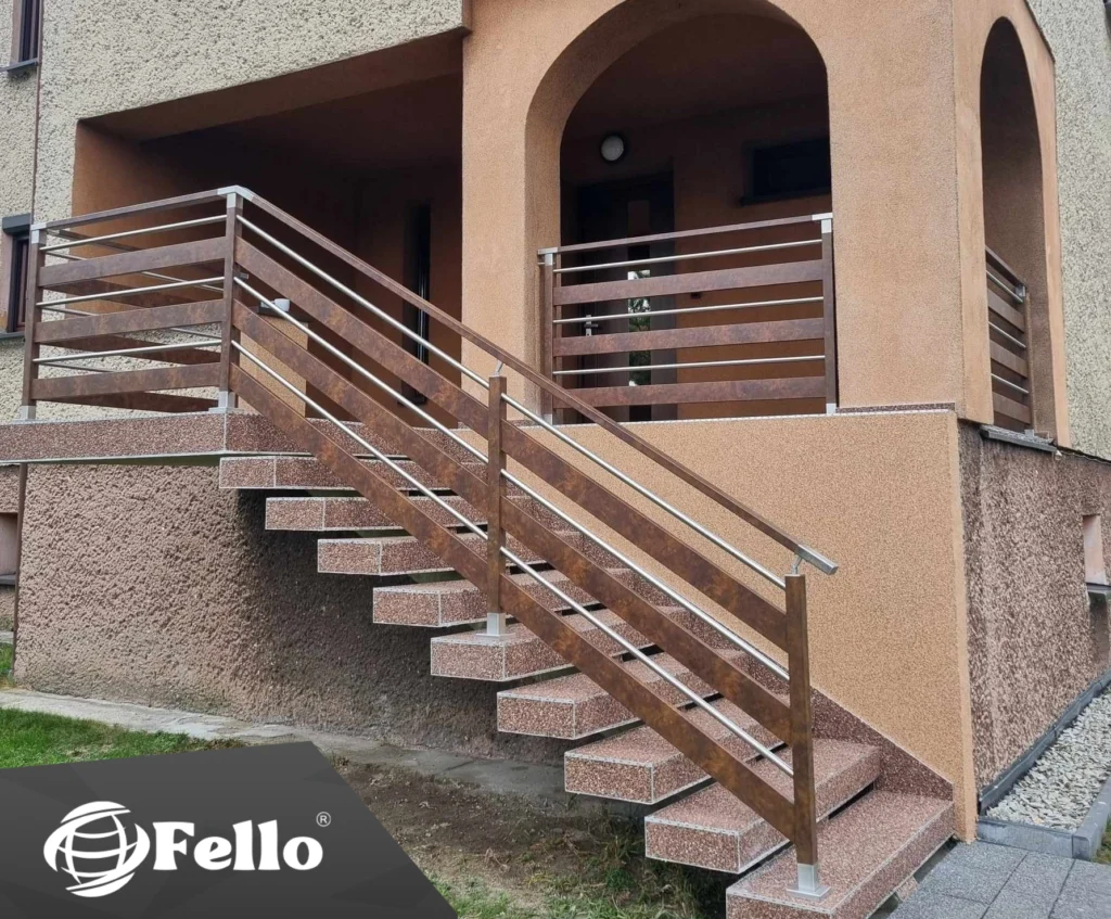 Zábradlí Fello model Diverse v odstínu corten u venkovních schodů
